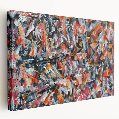 Abstract expressionist wall art design in vibrant colors, showcasing dynamic brushstrokes and textures on a stretched canvas, side view.
